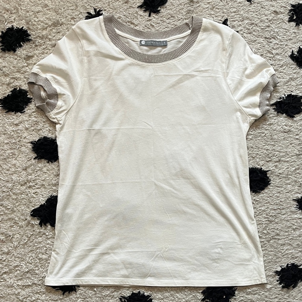 InCashmere size S Cream Tee basic, soft with Tan metallic Trim on neck & sleeve